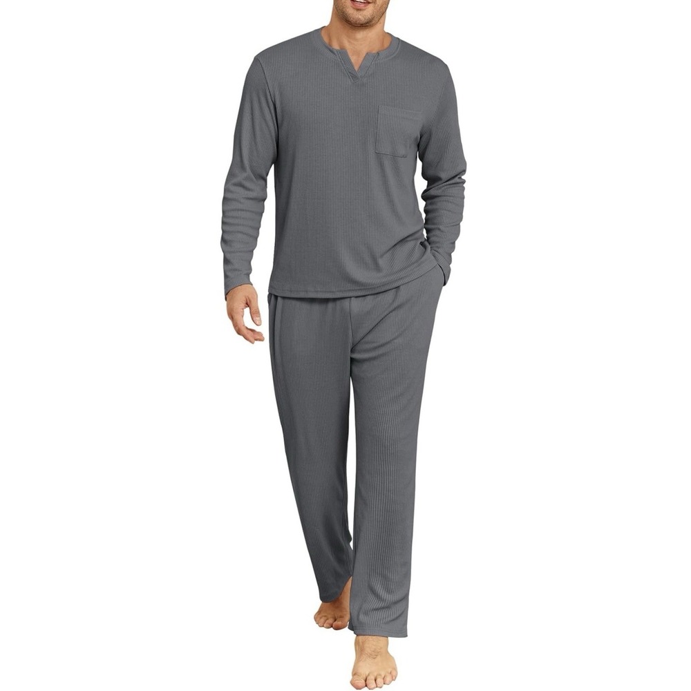Mens Ribbed Knit Pajama Set Charcoal Grey Long Sleeve Notch Neck Sleepwear L